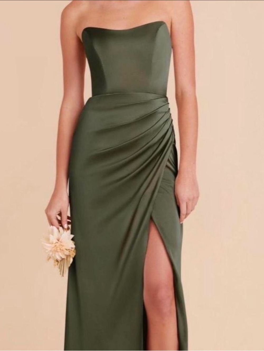 Birdy Grey Strapless Olive Green Ruched Side-Slit Gown